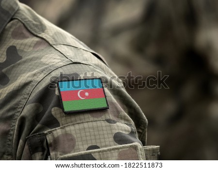 Flag of Azerbaijan on military uniform. Azerbaijani army, armed forces, soldiers. Collage. Royalty-Free Stock Photo #1822511873