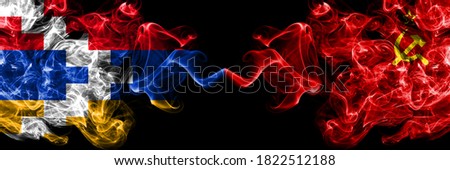 Nagorno-Karabakh, Artsakh vs USSR, Communist smoky mystic flags placed side by side. Thick colored silky abstract smoke flags