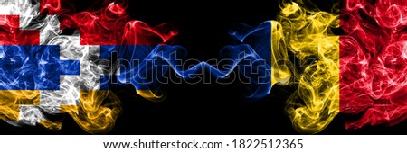 Nagorno-Karabakh, Artsakh vs Romania, Romanian smoky mystic flags placed side by side. Thick colored silky abstract smoke flags
