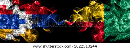 Nagorno-Karabakh, Artsakh vs Benin, Beninese smoky mystic flags placed side by side. Thick colored silky abstract smoke flags