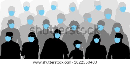 Crowd of people wearing medical masks. Protection against pandemic epidemic infection of coronavirus (COVID-19). Silhouettes. Applied clipping mask. Vector illustration