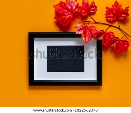 Mock up black frame with maple branches 
on orange background. Autumn concept. Place for text.