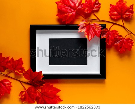 Mock up black frame with maple branches on orange background. Autumn concept. Place for text.