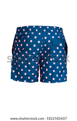 Men's blue with pink dots swimming trunks isolated on white background. Back view. Ghost mannequin photography