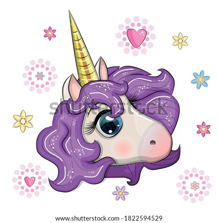 Cute unicorn muzzle with beautiful eyes and a developing mane on flower background for children's, print, textile