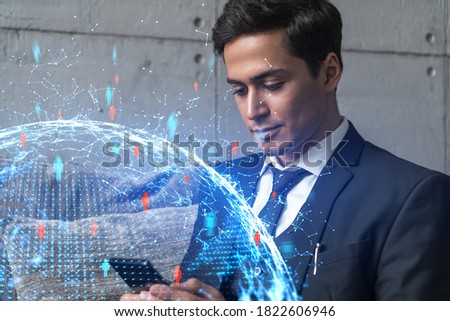 Man in office working with Smartphone, Searching for new people connections. Social media hologram, typing phone. Double exposure.