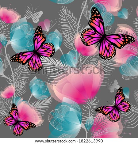 Seamless background with delicate blue and pink flowers. Fabric with butterflies and flowers. Vector illustration