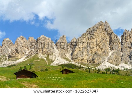 Mountain landscape at summer along the road to Gardena pass, Dolomites, Bolzano province, Trentino Alto Adige, Italy