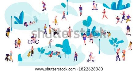 People in park. Trendy crowd walking, flat men and women on picnic doing yoga and summer exercises.  illustrations outdoor diverse activities and leisure with pets set