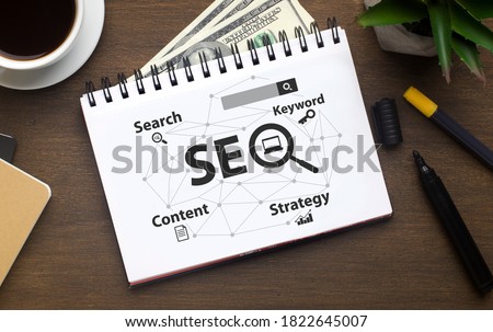 Seo Career. Opened Notebook With Seo-Optimization Scheme Lying Over Brown Office Table Background. Search Engine Optimization For Web Content, Internet Business Development Concept. Collage, Flat Lay Royalty-Free Stock Photo #1822645007