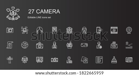 camera icons set. Collection of camera with playlist, pictures, journalist, photo camera, news report, wedding car, beach, news reporter, ar glasses. Editable and scalable icons.
