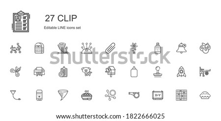 clip icons set. Collection of clip with board, whistle, cotton swab, pie, tornado, glue stick, funnel, stamp, glue, birdhouse, dog, clipboard. Editable and scalable clip icons.