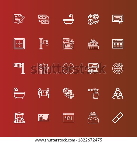 Editable 25 lined icons for web and mobile. Set of lined included icons line Rubber, Ship, , Diploma, Bar, Teamwork, Rating, Exchange, Delivery, Bath, Shipping, Fretsaw on red