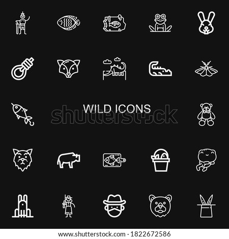 Editable 22 wild icons for web and mobile. Set of wild included icons line Swallow, Fish, Frog, Rabbit, Gallows, Fox, Dinosaur, Crocodile, Moth, Bear, Wolf on black background