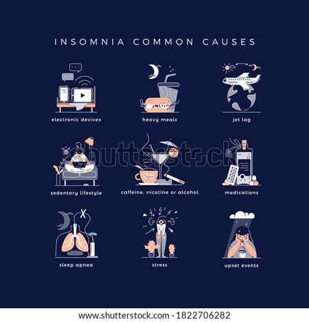Common causes of insomnia vector illustrations set: electronic devices, heavy meals, jet lag, sedentary lifestyle, alcohol, smoking, coffee, medications, sleep apnea, stress, depression, upset events