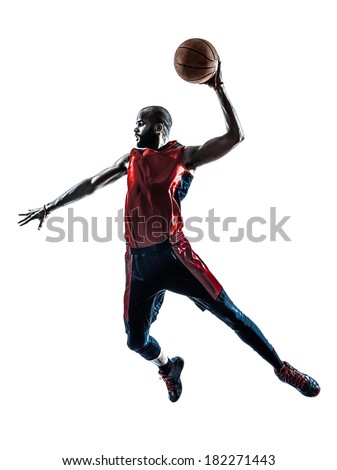 one african man basketball player jumping dunking in silhouette isolated white background Royalty-Free Stock Photo #182271443