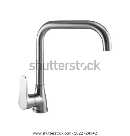 Modern chrome, white, black, stainless steel faucet for
washbasin on a white background. Tap for mixing cold and hot water.