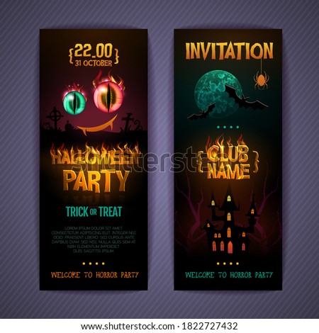 Halloween disco party poster with burning cat eyes and cemetery. Invitation design. Halloween background
