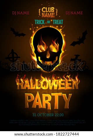 Halloween disco party poster with burning letters and human skull silhouette. Halloween background