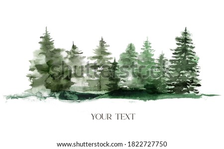 Watercolor winter foggy evergreen forest. Hand painted fir trees illustration isolated on white background. Holiday clip art for design, print, fabric or background. Christmas card.