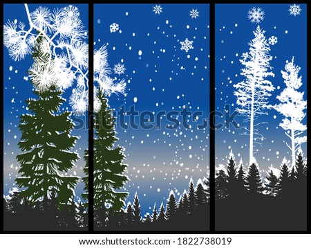 illustration with fir forest silhouettes in snow