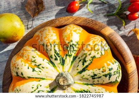Autumn composition of dry leaves, garlic and pumpkins, berries, apples with sunny lights, flat lay, halloween, Thanksgiving day, Close up
