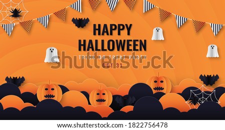 Happy Halloween 
banner or party invitation background with dark clouds and pumpkins and ghost. Spiders web and flying bats in paper art style. Vector illustration