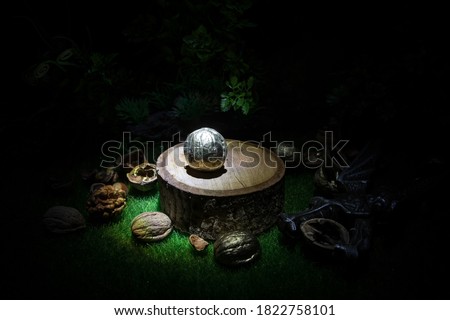 Still life with Walnut kernels and whole walnuts on green grass Creative table decoration. Closeup. Selective focus