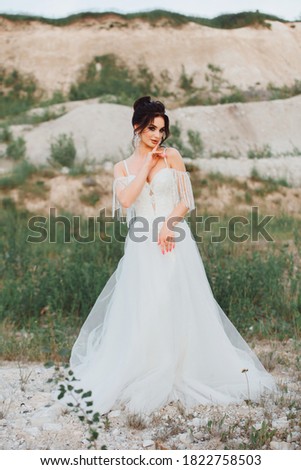 Attractive brunette in a wedding white dress and diadem posing against the backdrop of white hills in summer at sunset
