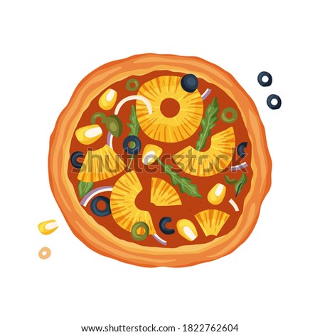 Cartoon Vector Illustration of Italian Pizza with pineapple and olive. Food Object