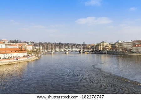 View on Vltava River and Prague, Czech Republic.