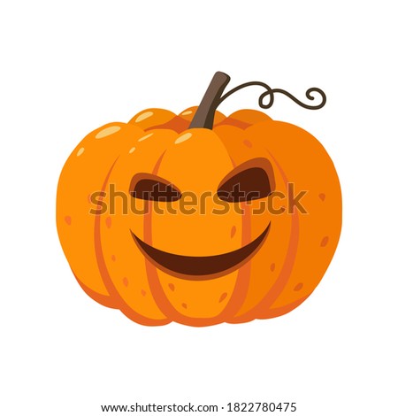 Orange pumpkin with happy face on white background.  Autumn colorful pumpkin for your design for the holiday Halloween. Vector cartoon illustration.