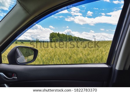 view of the wheat field in the car window Royalty-Free Stock Photo #1822783370