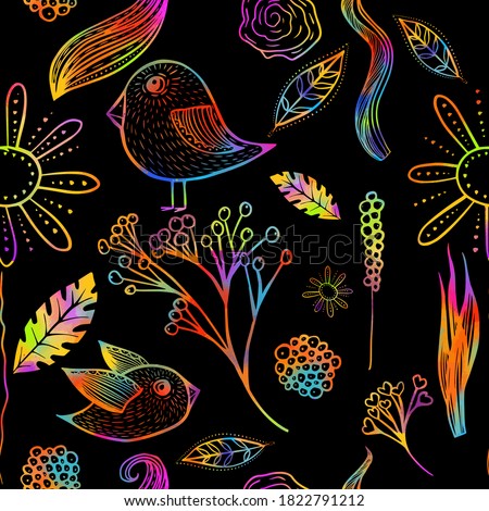 Decorative birds and flowers seamless pattern. Multicolored pattern. Mixed media. Vector illustration
