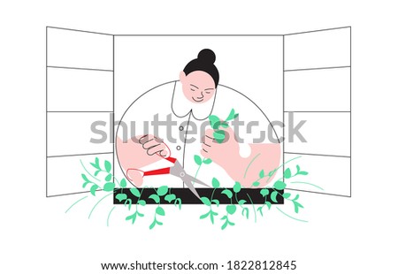 Happy woman collects greens for salad grown on the windowsill. Concept of Mini Farming superfood at home for yourself and Self-Sufficiency. Flat Art Vector Illustration