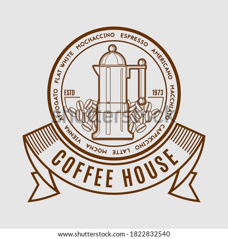 Coffee house logo design template. Emblem, label, sticker elements for cafe and restaurant. Vector illustration with coffee maker and text in a circle in retro style.