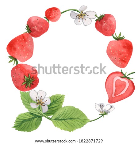 Strawberry frame. Watercolor red and green hand drawn illustration
