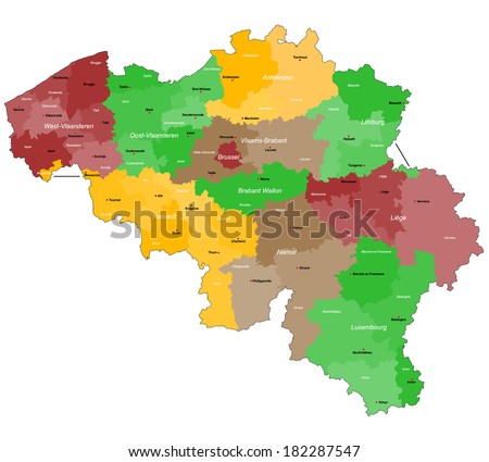 A large, detailed map of Belgium with all districts and main cities. Royalty-Free Stock Photo #182287547