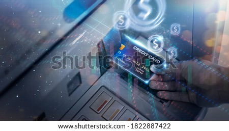 Modern technology banking money financial management saving funds inserting credit card into ATM machine withdrawing cash, bank account information transaction transfer, futuristic graphics and icon