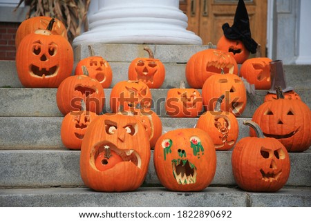scary carved pumpkins (Jack-o'-lanterns) display for Halloween, Stowe, Vermont, USA Royalty-Free Stock Photo #1822890692