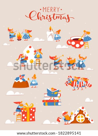 Merry Christmas greeting poster with cute cartoon gnomes being in hygge lifestyle and  doing activities. New Year symbol activities. 