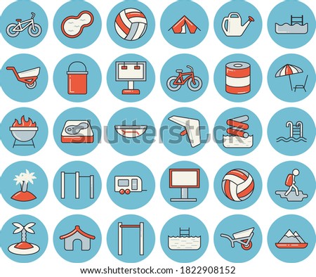 Thin line blue tinted icon set - hiking pot flat vector, barbecue, canned food, watering can, garden wheelbarrow, pond, pool, billboard, volleyball, bicycle, parallel bars, trailer, hike, tent