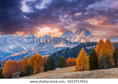 Fine autumn landscape with mountains and bright fall trees