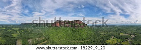 Aerial view or bird eye view of mountain with fog, panorama.Drone shot flying 