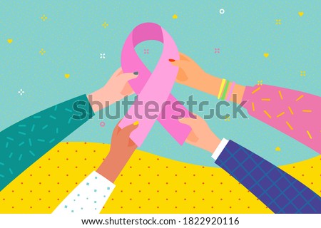 Concept of National Breast Cancer Awareness Month. Women. Hands hold pink ribbon symbol of Breast Cancer Awareness. Vector illustration.