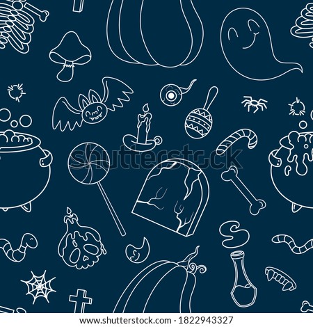 Seamless pattern with cute hand drawn Halloween elements. Vector outline objects. Blue and white color palette. For poster, package, wrapping paper, gift, fabric, wallpaper, textile, banner, web.