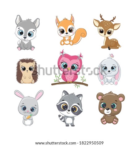 Set of cute woodland animals. Vector illustration for baby shower, greeting card, party invitation, fashion clothes t-shirt print.