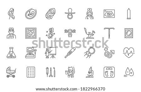 Gynecology flat line icons set. Pregnancy test, baby ultrasound, obstetrics doctor, embryo in uterus, infertility, ivf vector illustrations. Outline signs pregnant woman health, hospital infographic. Royalty-Free Stock Photo #1822966370