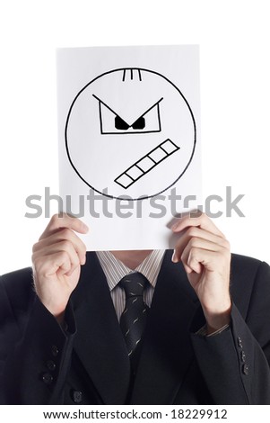 Man with the painted angry smile on the sheet of paper over his face isolated on white