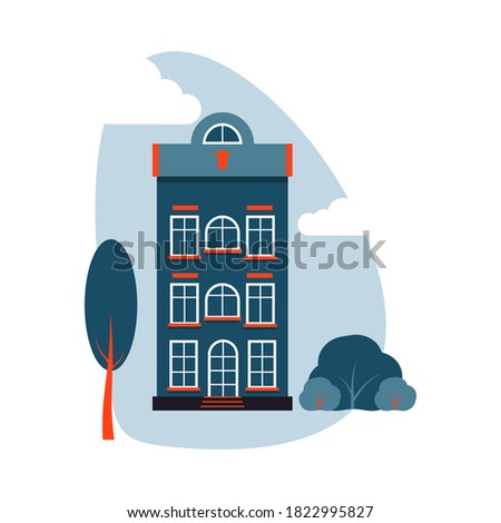 Cartoon colorful architecture Amsterdam, exterior classic building facade flat style with tree, bush, clouds. Banner of composition tall house, landscape closeup. Isolated on white vector illustration